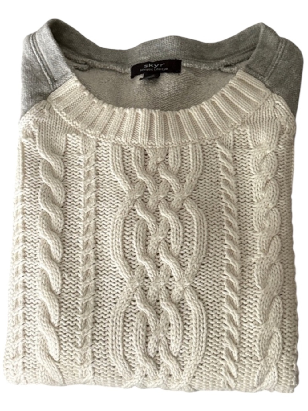 Skyr Mixed Media Cable Knit Raglan Sweater Cream Gray Small